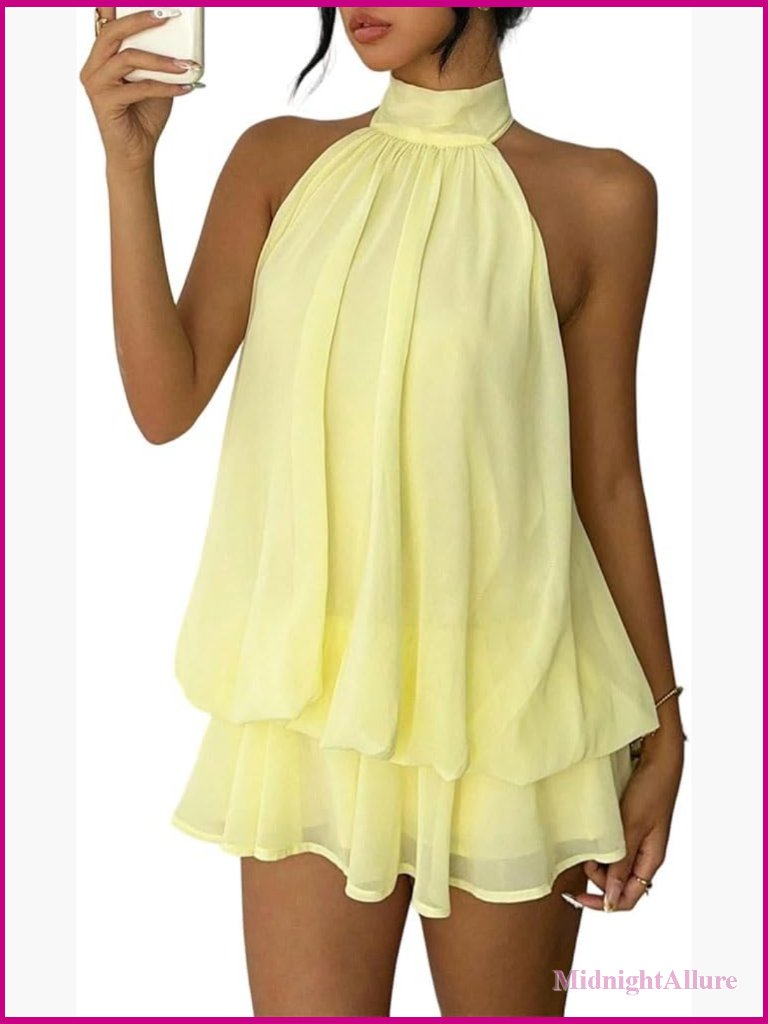 Women Sleeveless Backless Halter Tie Mini Dress Ruffle Tiered Pleated Chiffon